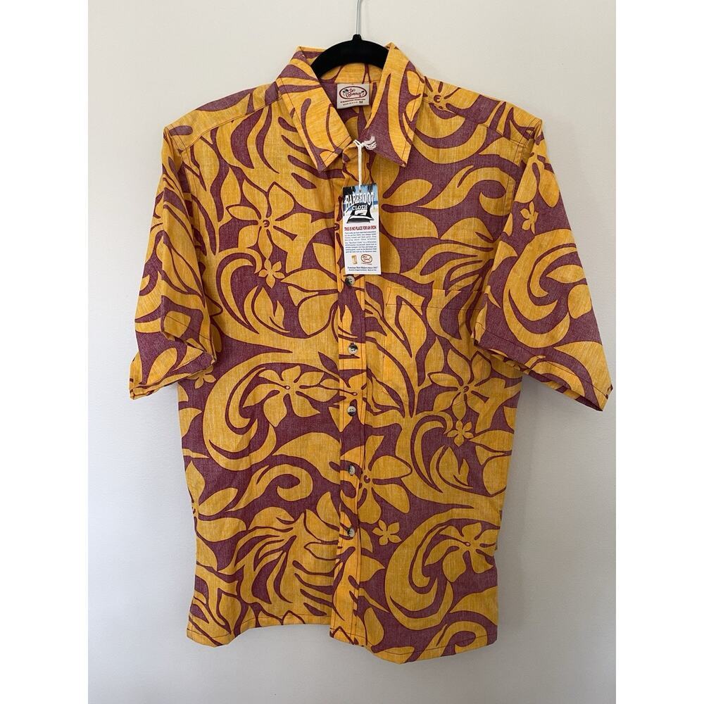 Go Barefoot Hawaiian Shirt Yellow Maroon Floral Pattern Medium button down